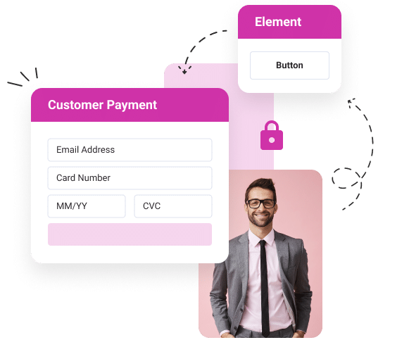 Customer payment form with element and smiling man