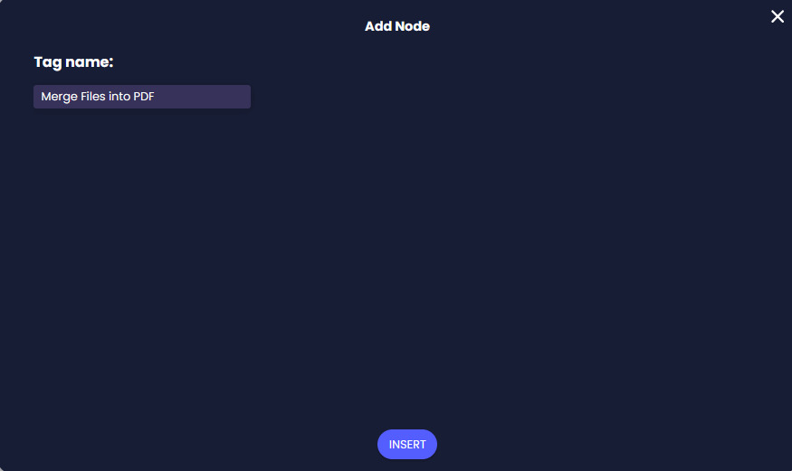 Add Node screen with Merge Files into PDF entered in the Tag name field.