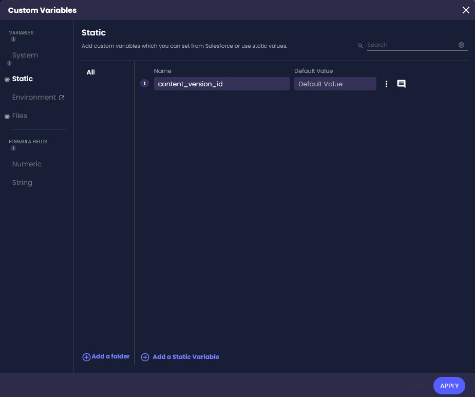 Custom Variables screen showing the content_version_id Static variable used to retrieve a Salesforce file.