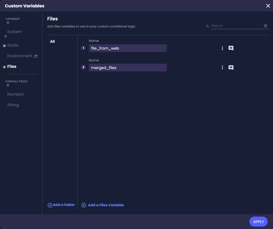 Custom Variables screen showing the file_from_web input variable and merged_files output variable under Files.