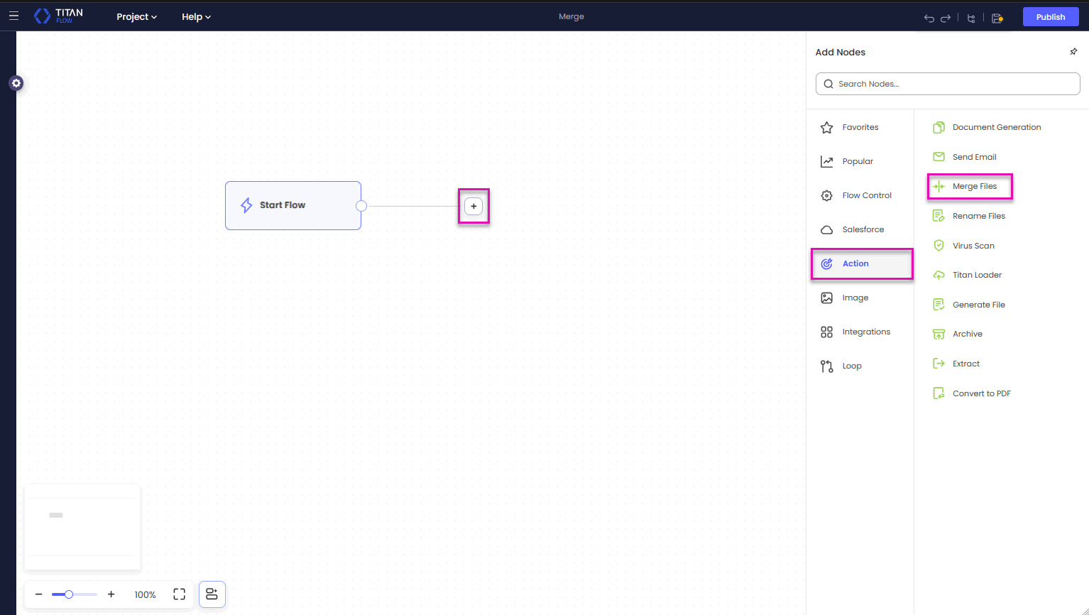 Titan Flow builder showing the plus icon beside the Start Flow node and the Merge Files option under Action.
