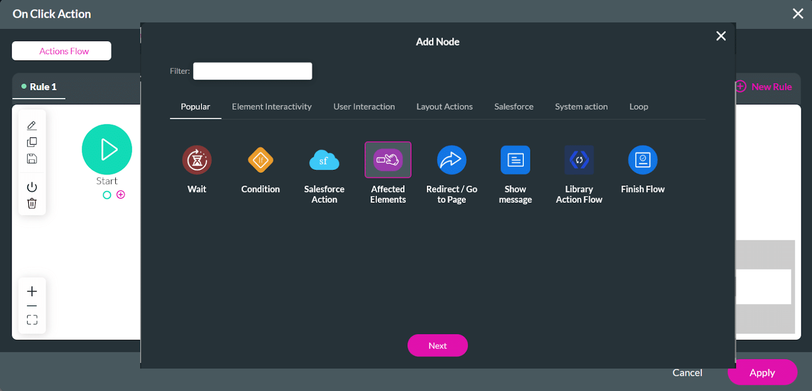 Add Node window in Titan showing the Affected Elements option highlighted among actions like Wait, Condition, Salesforce Action, Redirect, and Show Message.