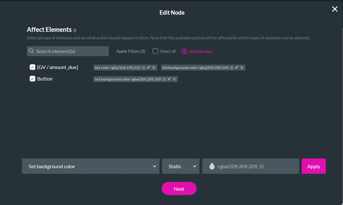 Edit Node screen displaying selected elements and color settings, including text color and background color fields with RGBA values and an Apply button.
