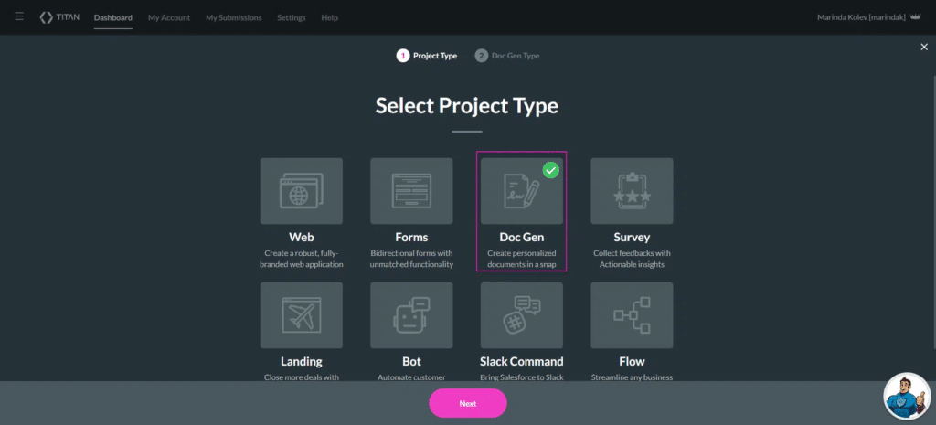 Select the Doc Gen Project Type