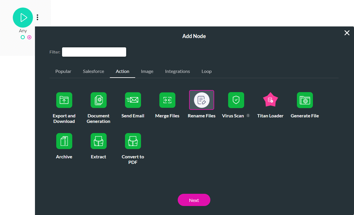 The Add Node panel is open with the Action tab selected. The Rename Files action is highlighted, indicating it is selected, with other action nodes visible and a Next button at the bottom of the panel.