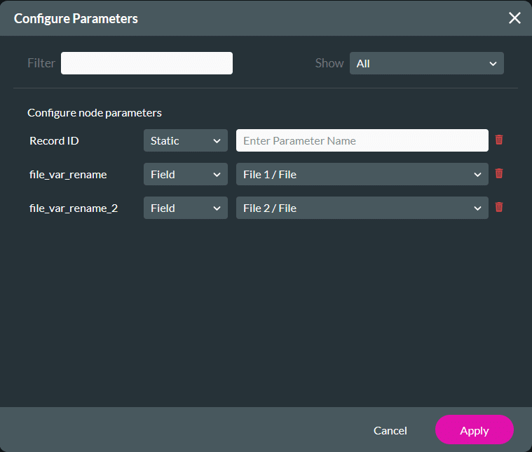 The Configure Parameters screen displays Flow input parameters, including Record ID and two file variables. Each file variable is mapped to a corresponding file upload field using the Field option, with Apply and Cancel buttons visible at the bottom of the panel.