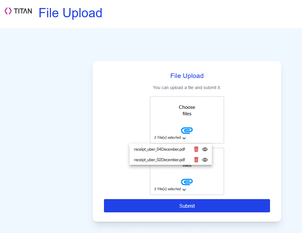 A Titan Web project preview showing a File Upload page with two file upload fields. One field displays a list of selected PDF files with options to view or remove each file. A Submit button is visible below the upload fields.