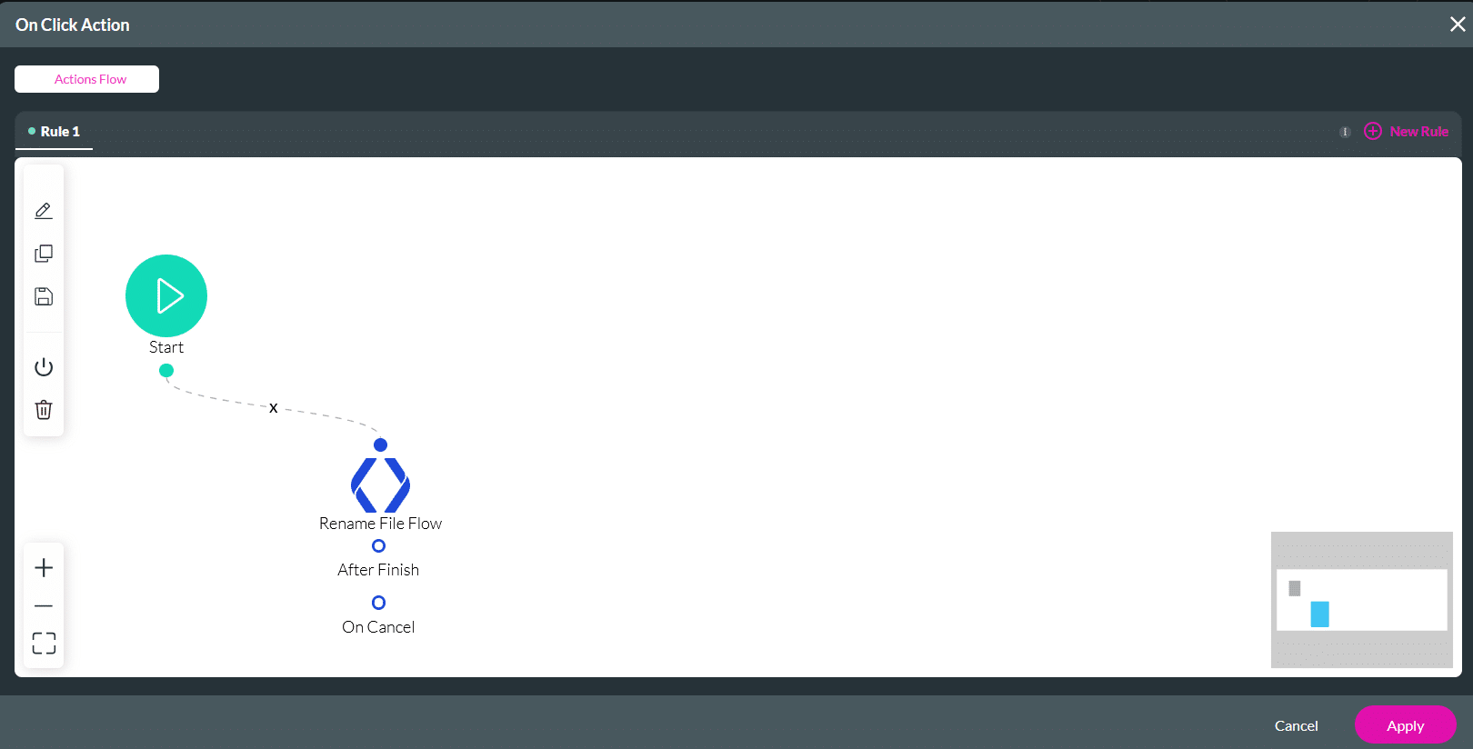 The On Click Action canvas shows a Start node connected to a Flow node labeled Rename File Flow. The Flow node includes After Finish and On Cancel connection points, indicating available execution paths. The Actions Flow panel and Apply and Cancel buttons are visible.