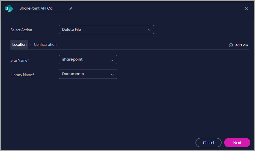 Delete File Location tab showing Site Name and Library Name settings.