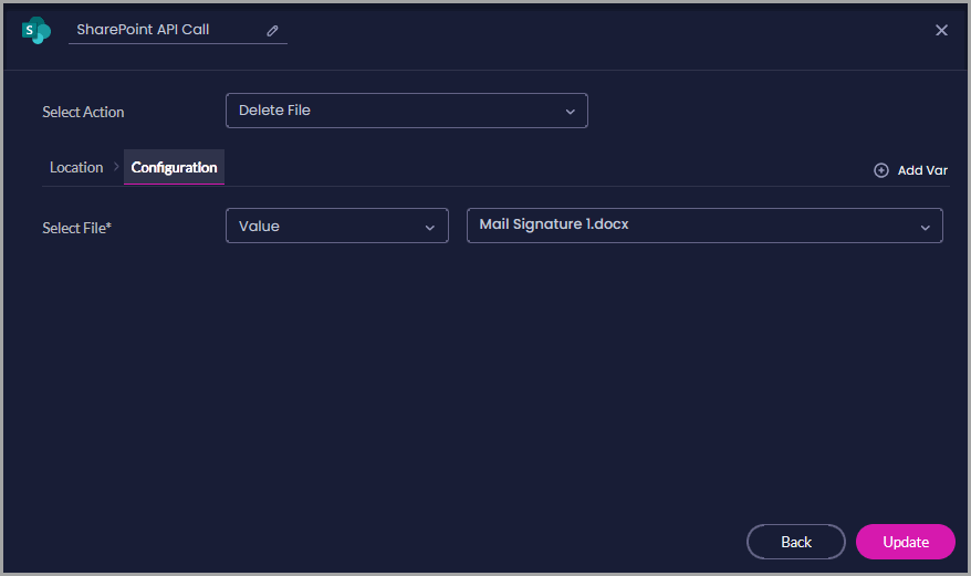 Delete File Configuration tab showing Value selected as the file source and a SharePoint document selected for deletion.