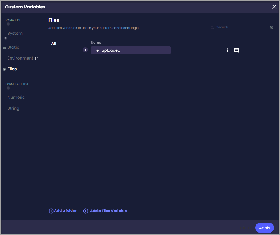 Custom Variables window showing the Files section and a variable created to hold file data.