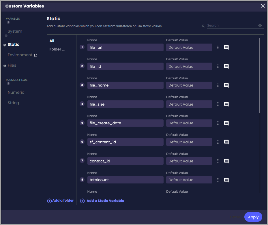 Custom Variables window showing Static variables created for file links, IDs, names, sizes, dates, and item counts.