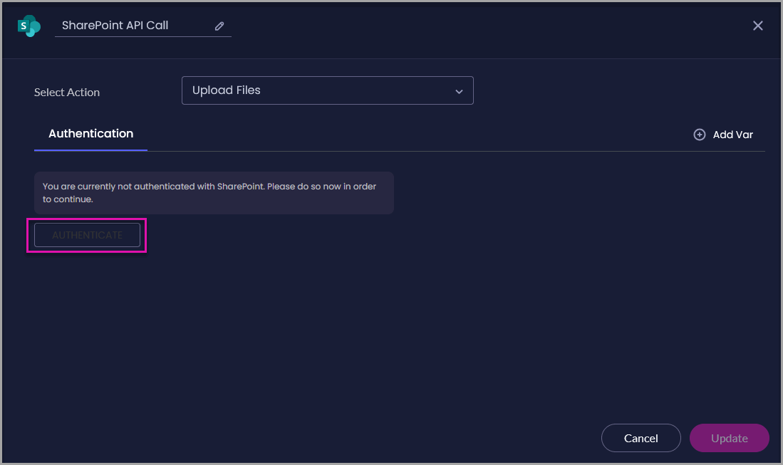 SharePoint API Call node displaying a message that SharePoint is not authenticated and an Authenticate button.