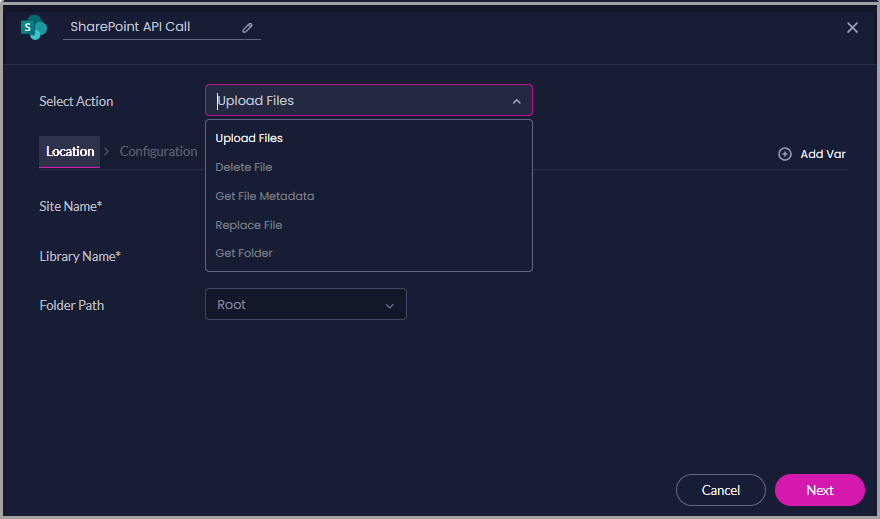 SharePoint API Call node showing Upload Files, Delete File, Get File Metadata, Replace File, and Get Folder in the Select Action list.