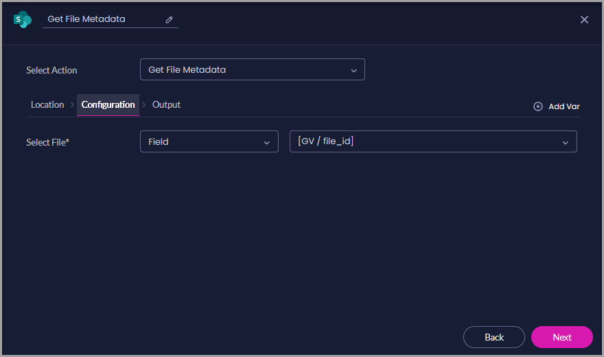 Get File Metadata Configuration tab showing Field selected and a file ID variable used to identify the file.