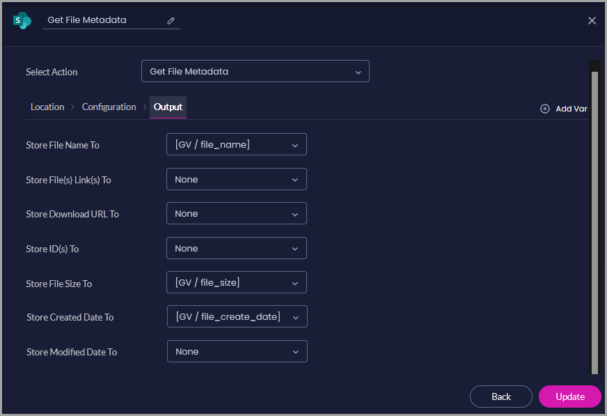 Get File Metadata Output tab showing options to store the file name, file link, download URL, ID, size, creation date, and modified date.