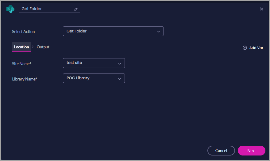 Get Folder Location tab showing Site Name and Library Name settings.