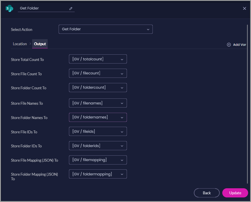 Get Folder Output tab showing variables selected to store item counts, file and folder names, IDs, and JSON mappings.