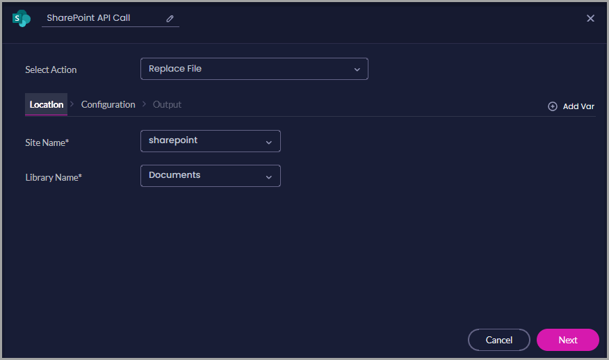 Replace File Location tab showing Site Name and Library Name settings.