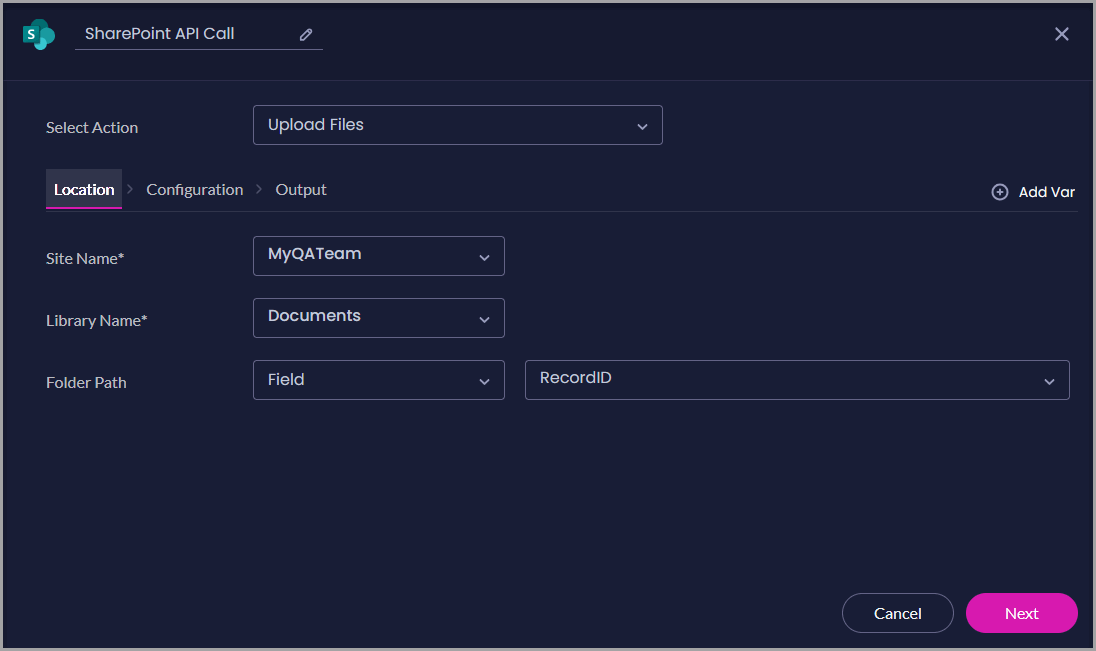 Upload Files Location tab showing Site Name, Library Name, and Folder Path settings.