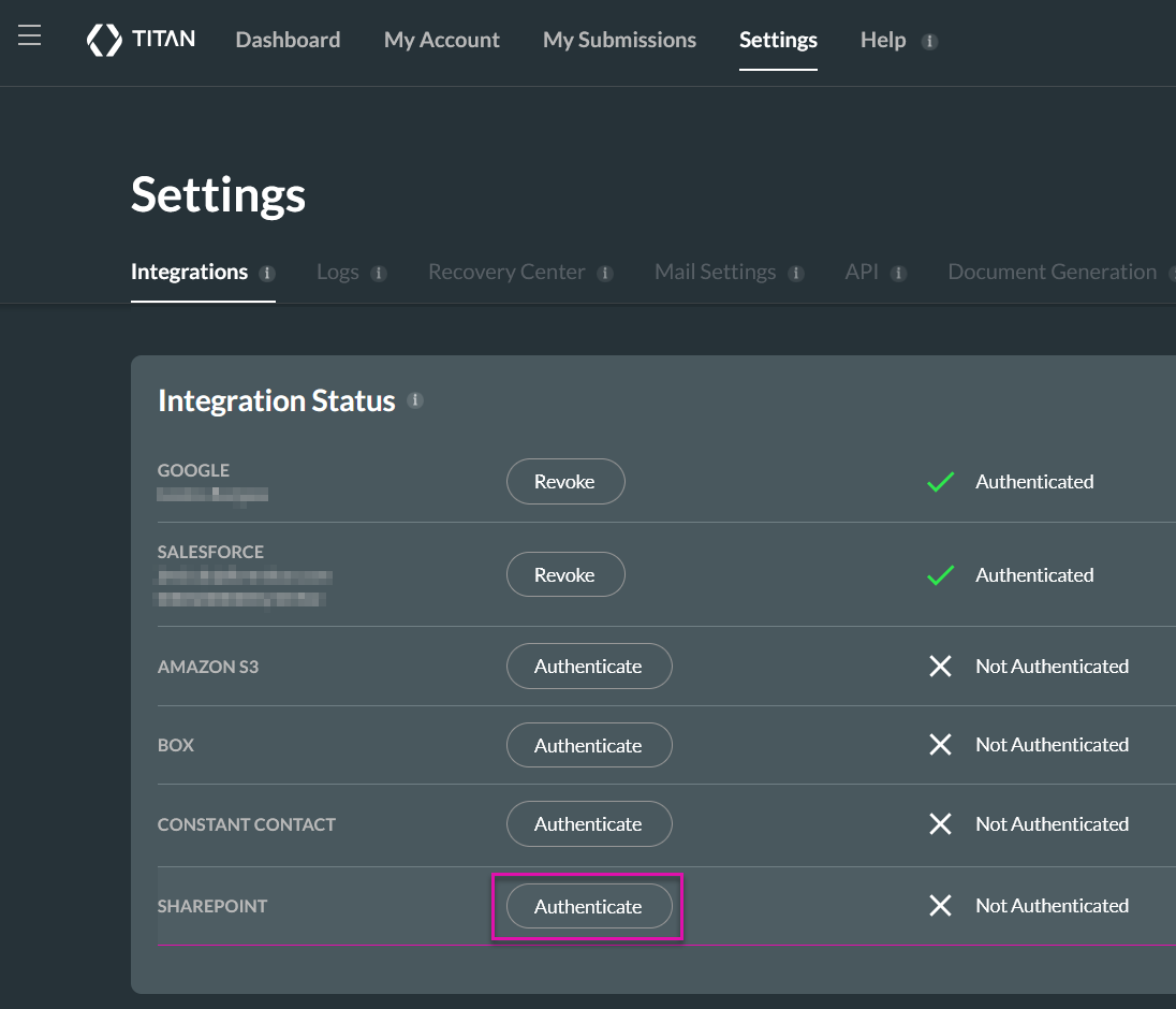 SharePoint API Call configuration screen showing the Upload Files action and the Authenticate button highlighted.