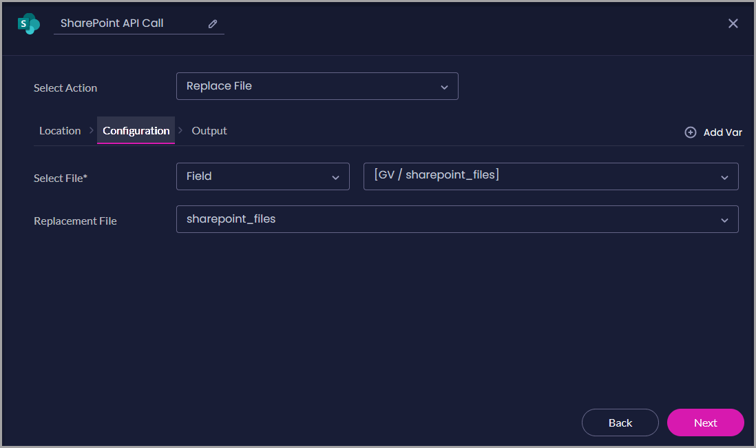 Replace File Configuration tab showing the existing SharePoint file and replacement Files variable settings.