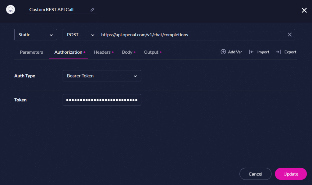 API Hub authorization tab showing bearer token authentication configuration