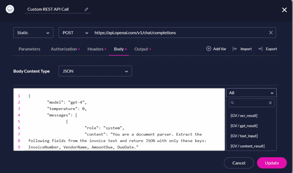 API Hub body configured with JSON content referencing OCR output variables
