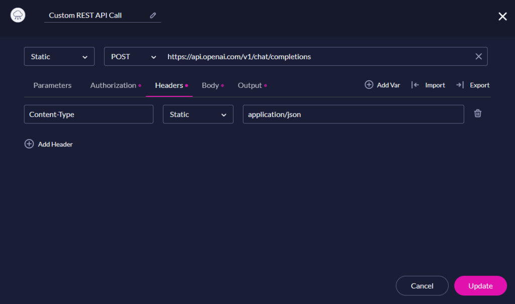 API Hub headers tab showing Content-Type set to application/json