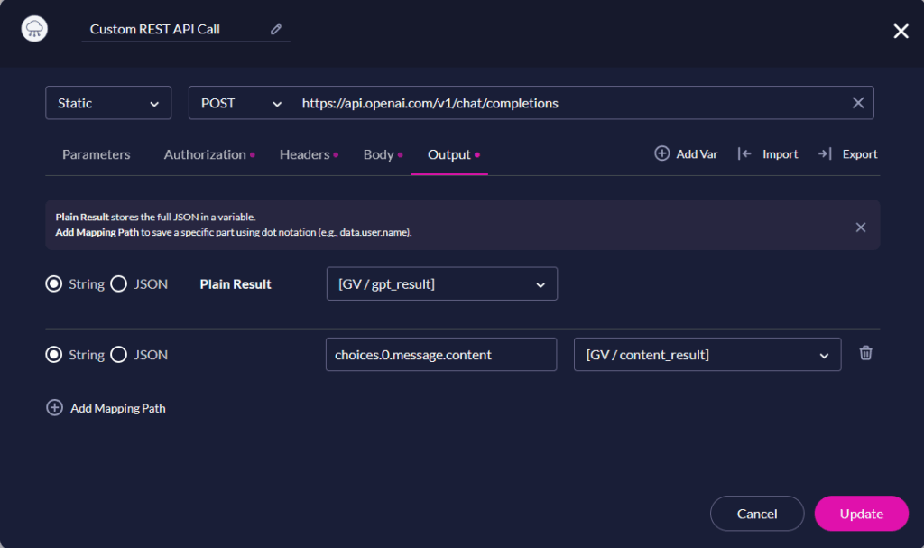 API Hub output tab mapping a JSON response path to a string variable
