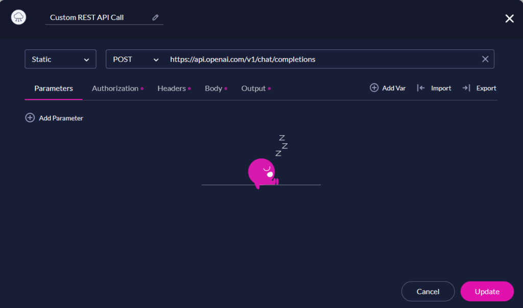 API Hub parameters tab configured with a POST request and endpoint URL