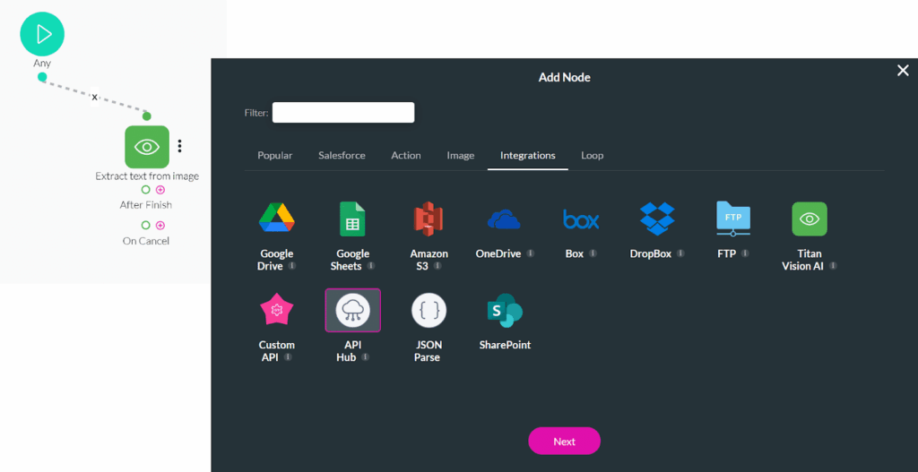 Adding an API Hub node from the Integrations tab in Titan Flow