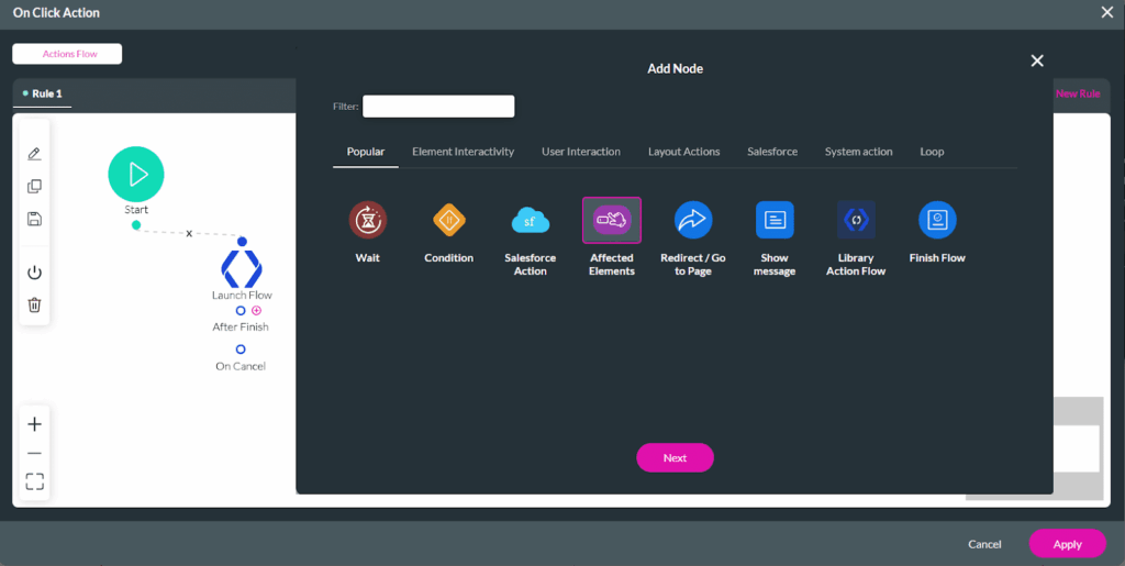 Adding an Affected Elements action to populate input fields after Flow completion