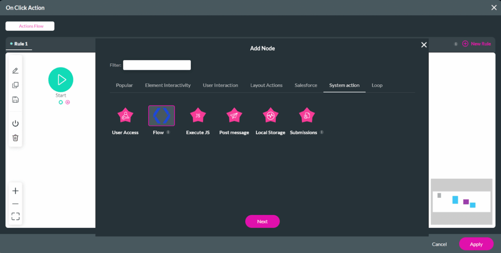 Adding a Flow action to a button On Click event in a Web project