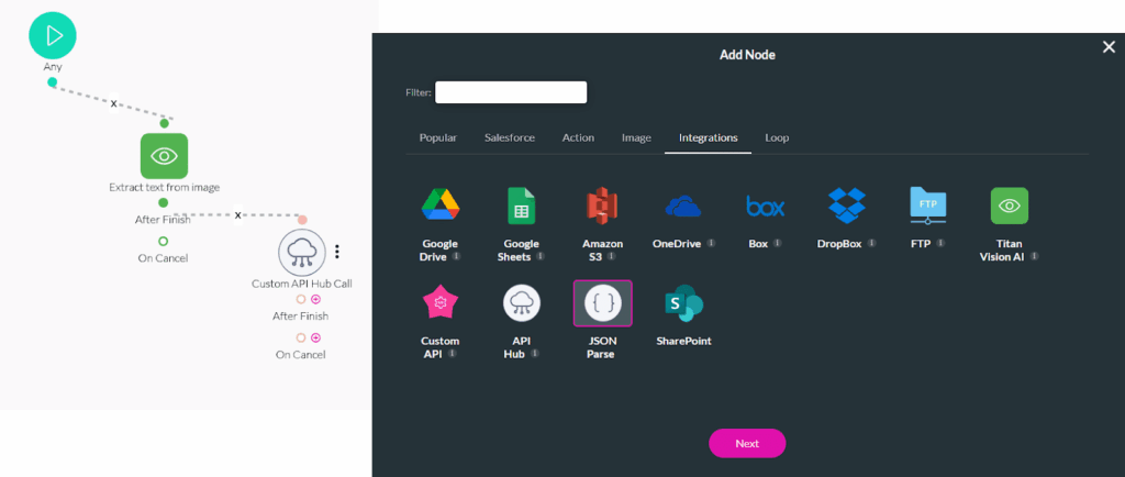 JSON Parse node added to a Titan Flow after an API Hub response