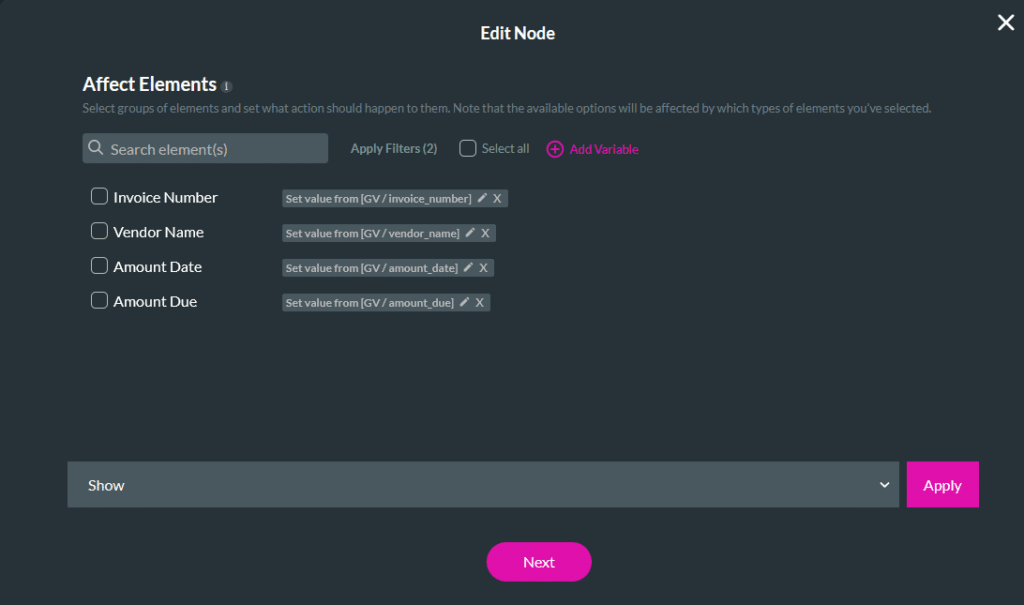 Affected Elements configuration mapping returned variables to input field values