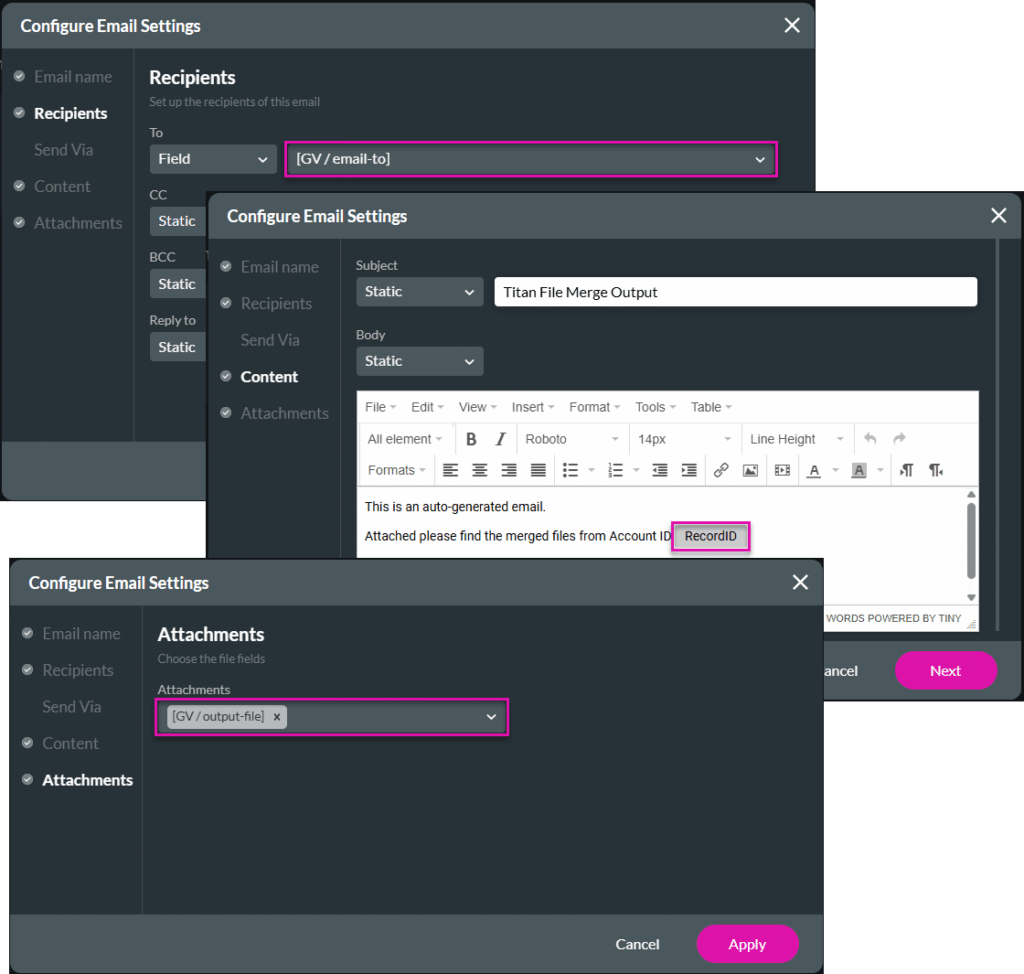 Configure Email Settings screens