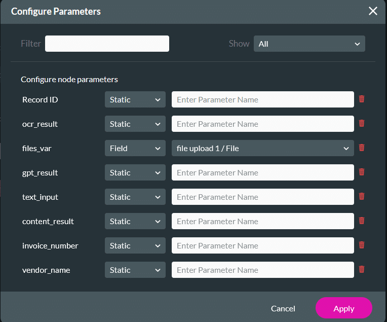 Flow parameter mapping showing file upload field mapped to a Flow variable