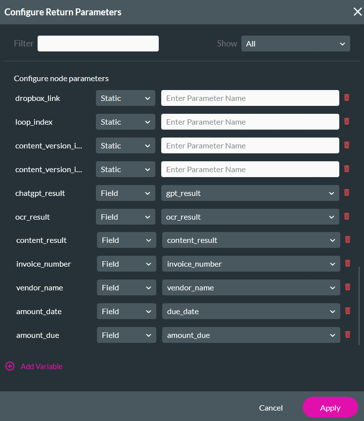 Flow return parameters mapping parsed JSON variables back to Web project fields