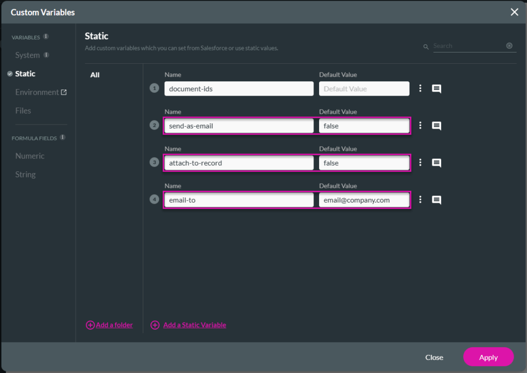 Custom Variables screen