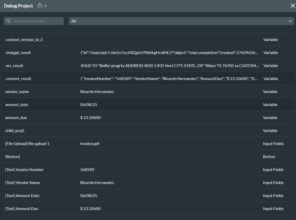 Debug view displaying parsed JSON values stored in variables after Flow execution