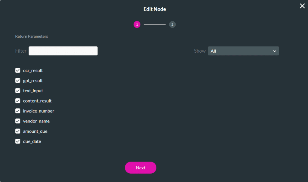 Finish node configuration showing return parameters selected for parsed JSON variables