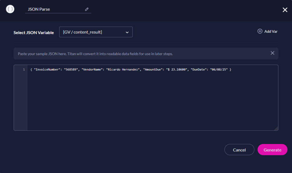 JSON Parse node configuration showing selected JSON variable and sample JSON string pasted into the editor