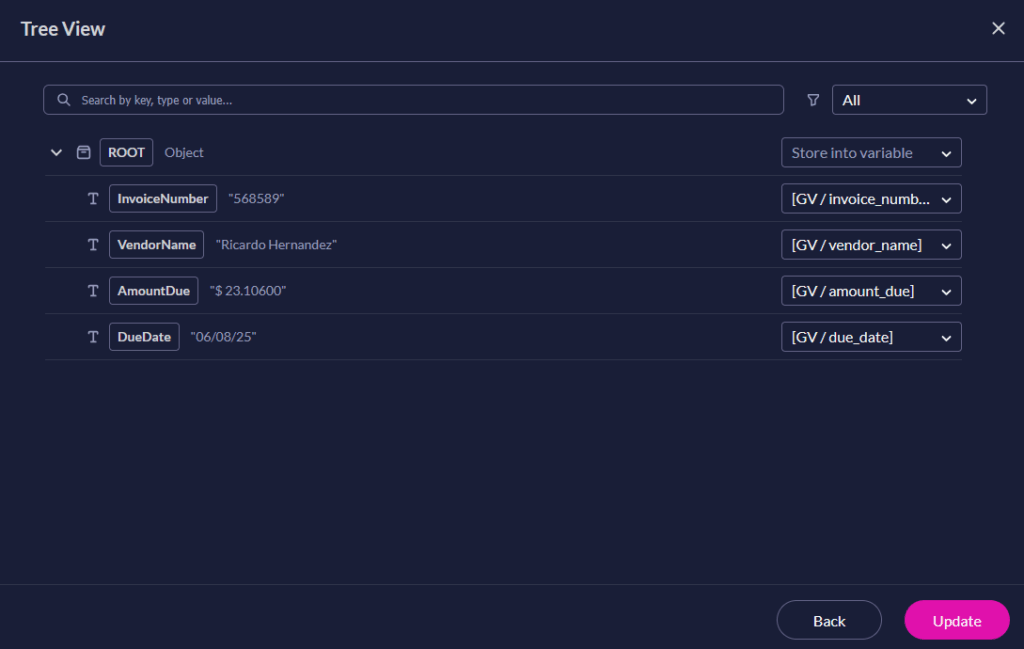 JSON Parse tree view displaying structured fields generated from a stringified JSON response