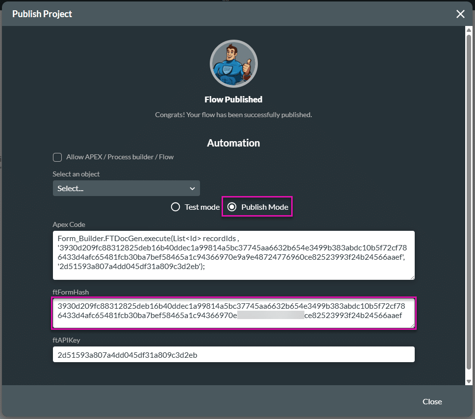 Publish Project screen