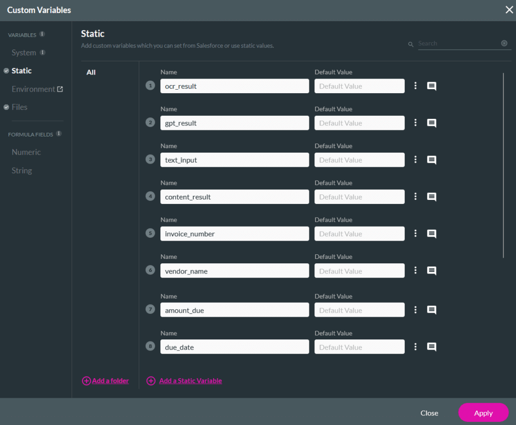 Static variables list in a Titan Flow project showing variables created for JSON parsing and invoice extraction
