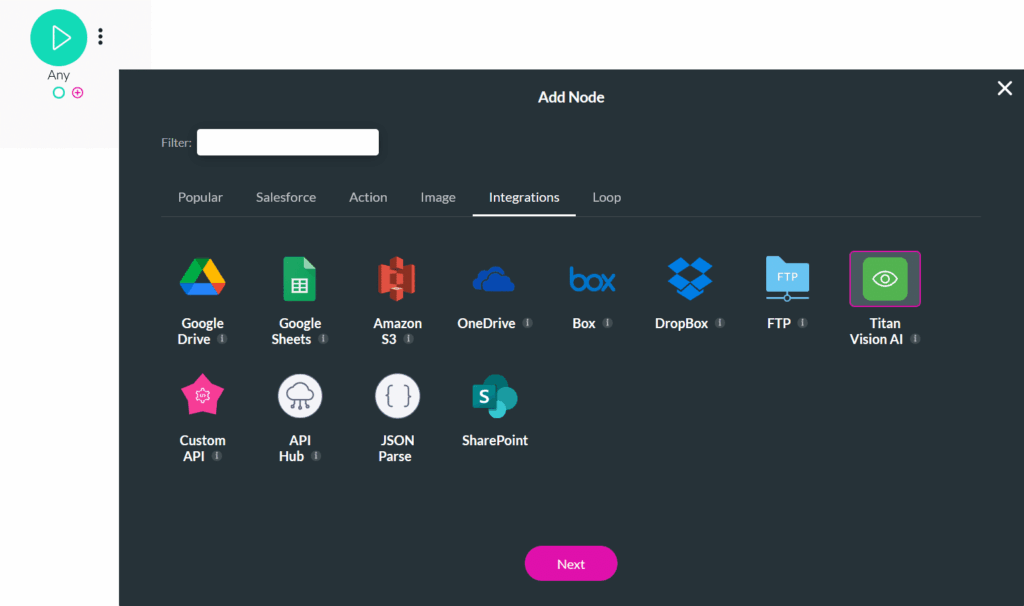 Titan Flow node picker showing the Titan Vision AI node selected