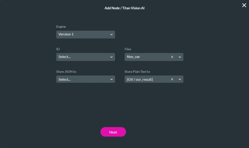Titan Vision AI node configuration showing engine version, file input variable, and output variable mapping