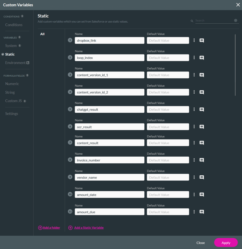 Web project static variables created to receive parsed JSON values from a Flow