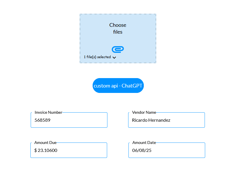 Web project showing invoice fields populated automatically after JSON parsing